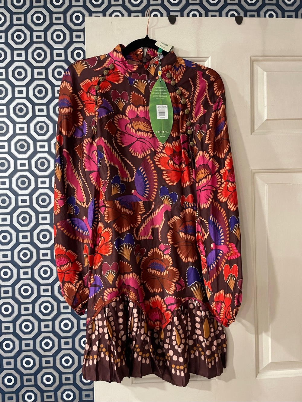 FARM Rio Brown Floral Long Sleeve Mini Dress with Pink & Purple Blooms